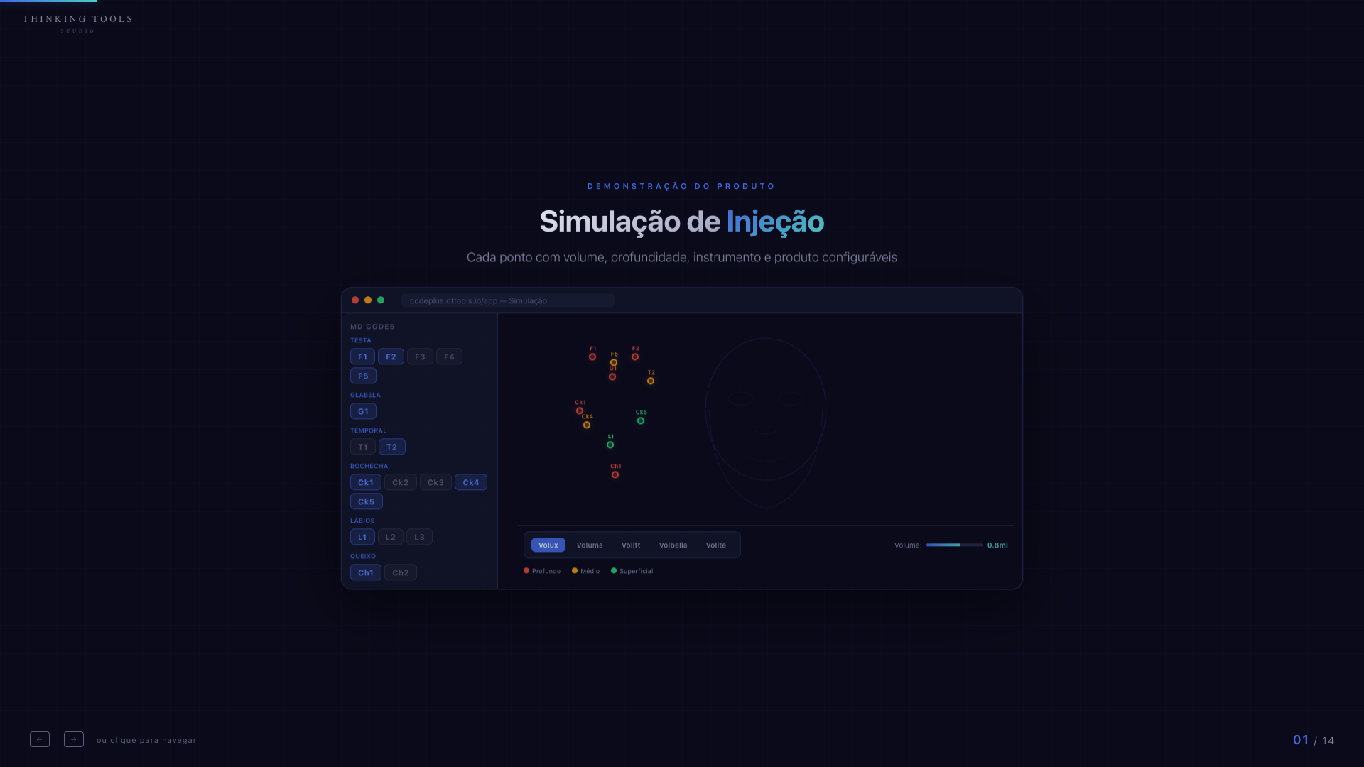 Tela do CODE PLUS mostrando simulação de injeção em planejamento 3D